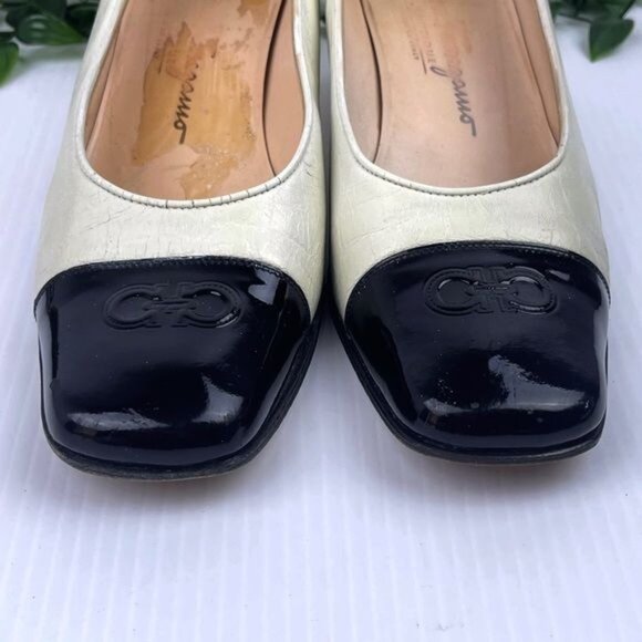 Salvatore Ferragamo Leather Creme &Black Color block Heel pumps 8.5 - Picture 6 of 9